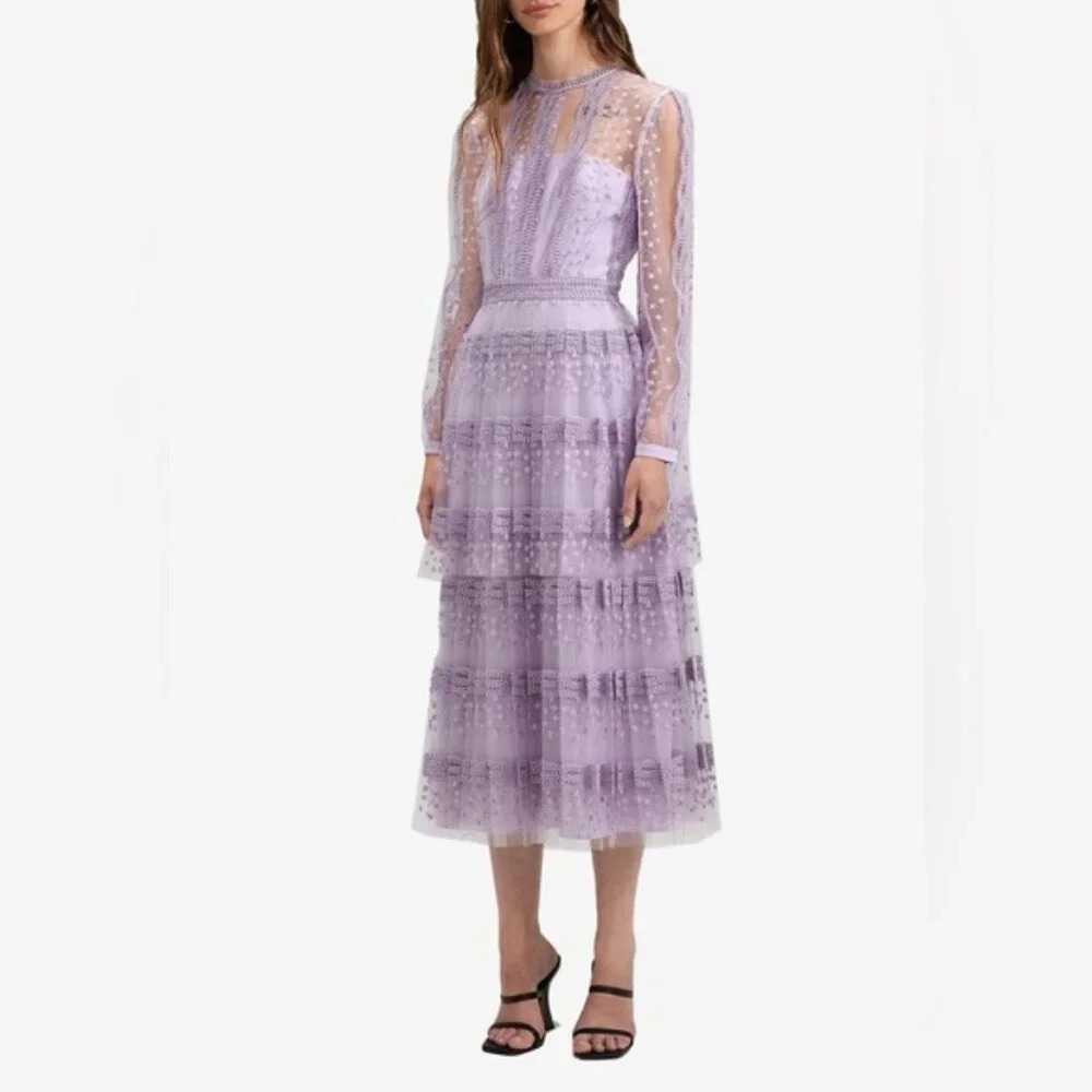 NEW Self-Portrait Lilac Purple Tiered Midi Dress | size UK 6 / US 2 - Picture 4 of 13